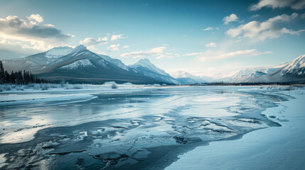 River running near mountains in a frozen lake