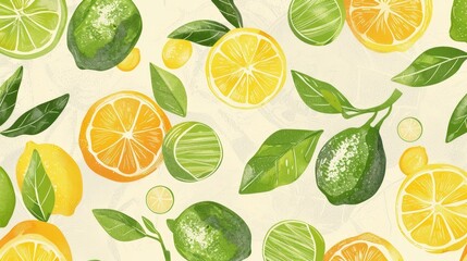 Hand-Drawn Organic Citrus Fruit Wallpaper: Whimsical Pastel of Lemons, Limes, and Kumquats Inspired by Vintage Botanical Art