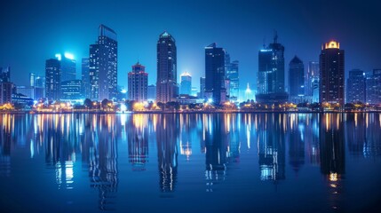 A riverfront city skyline reflecting in the water at night, with illuminated buildings creating a mesmerizing urban waterfront scene.