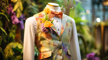 A man's suit is displayed in a store window with a flower pinned to the lapel