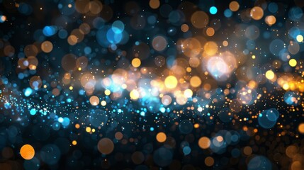 Glowing defocused lights in blue and gold on black background. Shimmering abstract for festive or celebration themes. AI Generative. Generative AI hyper realistic 