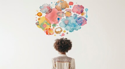 isolated image of a woman with curly hair from behind with bubbles or clouds painted using water color on the background