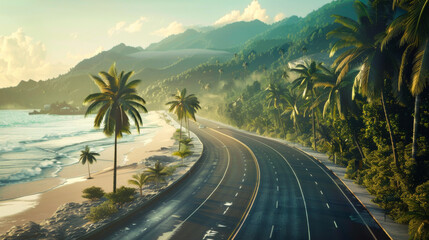 image of a highway, on the right left side of the image is an image of a beautiful beach with many palm trees.