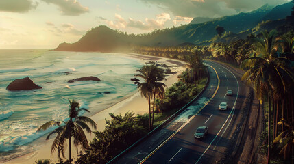 image of a highway, on the right left side of the image is an image of a beautiful beach with many palm trees.