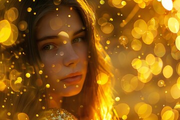 Young Caucasian Woman Surrounded by Golden Glowing Bokeh: Abstract Yellow Twinkling Sparkles