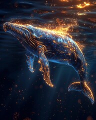 The whale sparkles. Sunset light. Close up of humpback whales swimming below the surface of the open blue ocean.
