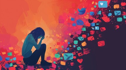 A somber image depicting teenage depression influenced by social media, showcasing a despondent adolescent grappling with self-harm and suicidal thoughts due to cyberbullying.