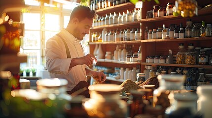 Obraz premium herbalist preparing natural remedies and detox potions in an ancient, sunlit apothecary