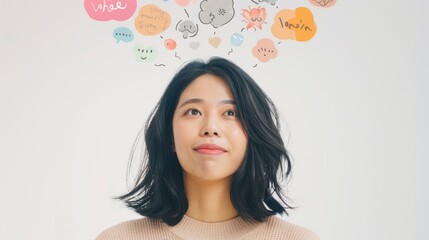 asian woman smiling with illustration of lips to show that she has to hear everybody's opinion or she doesn't care other's saying