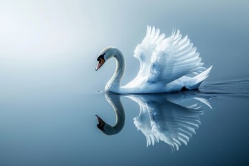 Obraz premium A white swan gracefully glides on the waters surface, A graceful swan gliding across the surface of a tranquil lake