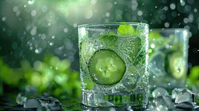refreshing morning detox drink, cucumber and lemon water in a clear glass, dewy freshness