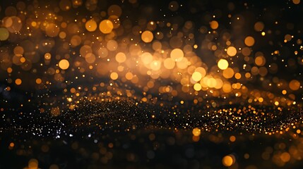 Abstract dark brown and gold particle backdrop. Christmas golden light shed bokeh particles over a background of black. Gold foil appearance. holiday idea, gold glitter minimalist y2k aesthetic