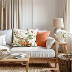 there is a white couch with orange pillows and a basket of flowers