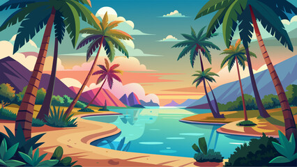A beautiful tropical scene with palm trees and a river. Scene is peaceful and relaxing