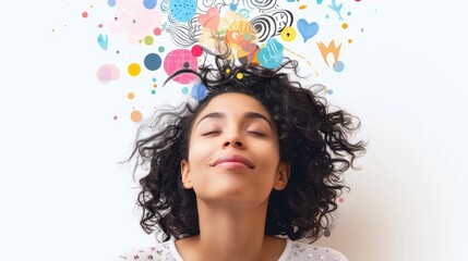 asian woman smiling with colorful dots, love, money, and many other things behind her head to show that she knows how to handle things in her life