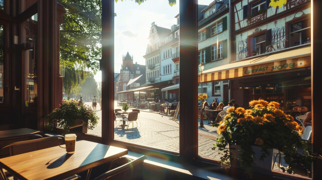 a sunny morning sitting at a window peering out on a street in the heart of Frankfurt. Outside the window is cafe-style