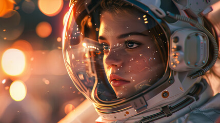 A close up of a person in a space suit, digital art. digital art, girl in space, epic concept art. bokeh, stunning visuals with rtx on