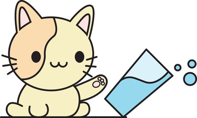 Cute cartoon kitty cat spilling cup of water.