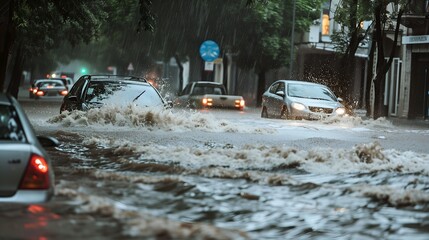 A car is driving through a flooded street with water splashing up, Global Warming, Climate Change