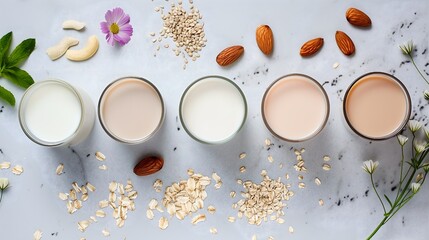 A row of five glasses of milk with nuts and seeds on a table