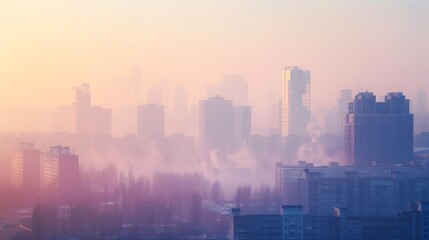 A city skyline is shown with a hazy, foggy atmosphere, air pollution