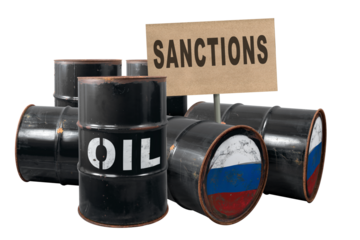 Barrel of oil with russian flag. Rusty dangerous barrel with fuel or crude oil. Concept of economic sanctions embargo for the Russian Federation