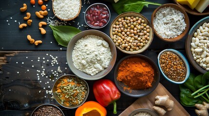 A variety of spices and nuts are displayed on a wooden table, vegan plant-based
