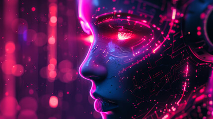 A woman's face is shown in a bright pink color with glowing eyes. The image is of a robot or a computer-generated character