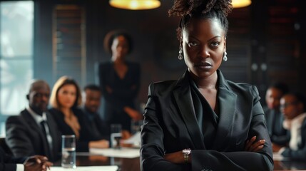 a black woman business leader dressed as an executive leading an important meeting as everyone looks on hyper realistic 