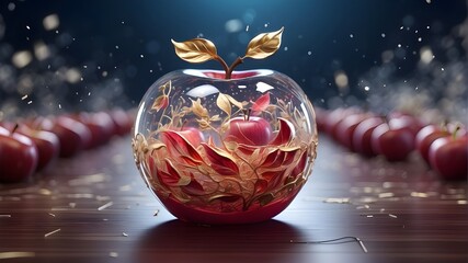 There is a glass apple with a red rose inside, giving it a romantic and magical atmosphere. The apple is surrounded by golden leaves and petals, which adds to the beauty of the image. The apple is pla