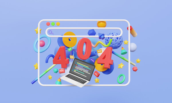 Computer laptop coding software developer website warning alert 404 error page not found maintenance updates UI-UX modern graphic design abstract elements geometric shapes. 3d render illustration