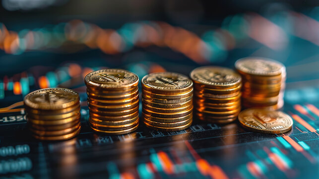 gold coins on the background of financial and investment charts
