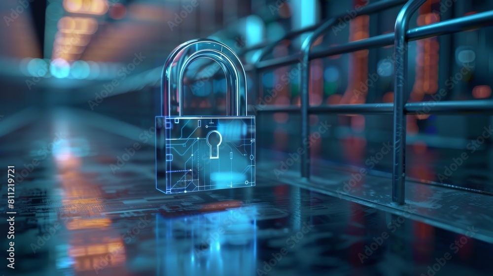 Poster a lock indicating cyber security, perspective, depth. generative ai.