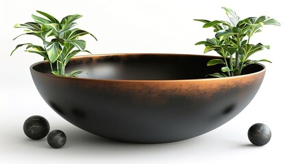 A large, round, metallic bowl with a dark patina sits on a white surface