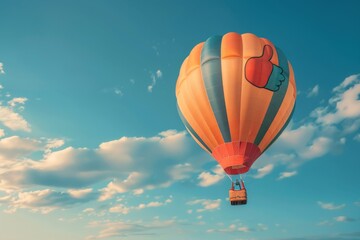 A colorful hot air balloon floats high in a blue sky with clouds, casting a red shadow on the basket below