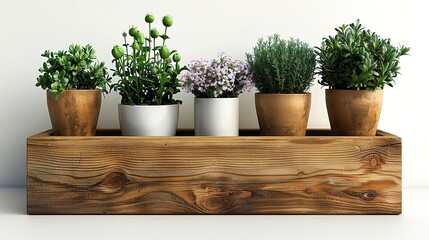 A wooden box containing five potted plants. The plants are all different types, with different colored leaves and flowers. The box is made of natural wood.