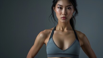 Attractive sporty Asian woman wears fashionable sportswear on a gray background. Active lifestyle and sports.
