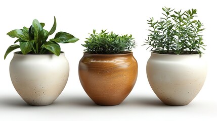 Three different potted plants sit side by side, all with green leaves and dirt. The pots are all different colors and textures.