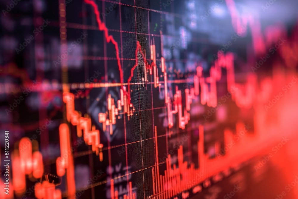Poster detailed view of a stock chart on a computer screen showing a sharp decline in financial marks, a gr