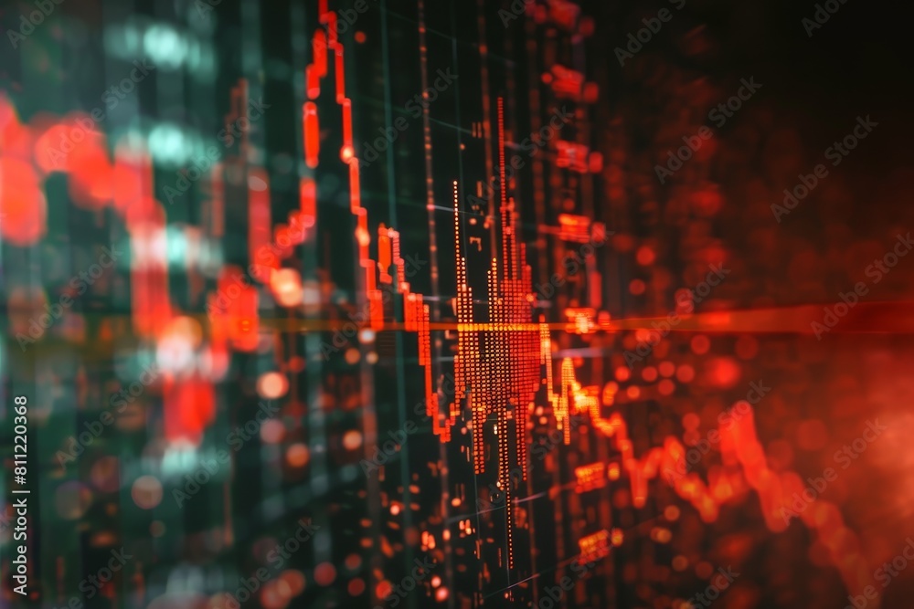 Poster computer screen displaying a graph with sharp decline in financial market against red and green back