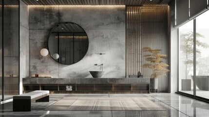 Brutalist interior design. Interior of modern bathroom with concrete walls, tiled floor, comfortable white bathtub and round mirror. 