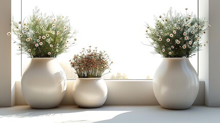Three white ceramic pots with chamomile flowers sit on a white shelf in front of a large window