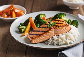 food photography of Grilled Salmon Steak with steamed vegetables and rice
