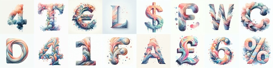 Watercolor pastel Lettering Typeface. AI generated illustration