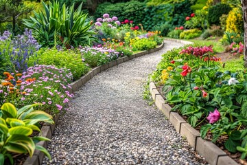 A garden bursting with various types of blooming flowers along a gravel path, A gravel path cutting through a peaceful garden