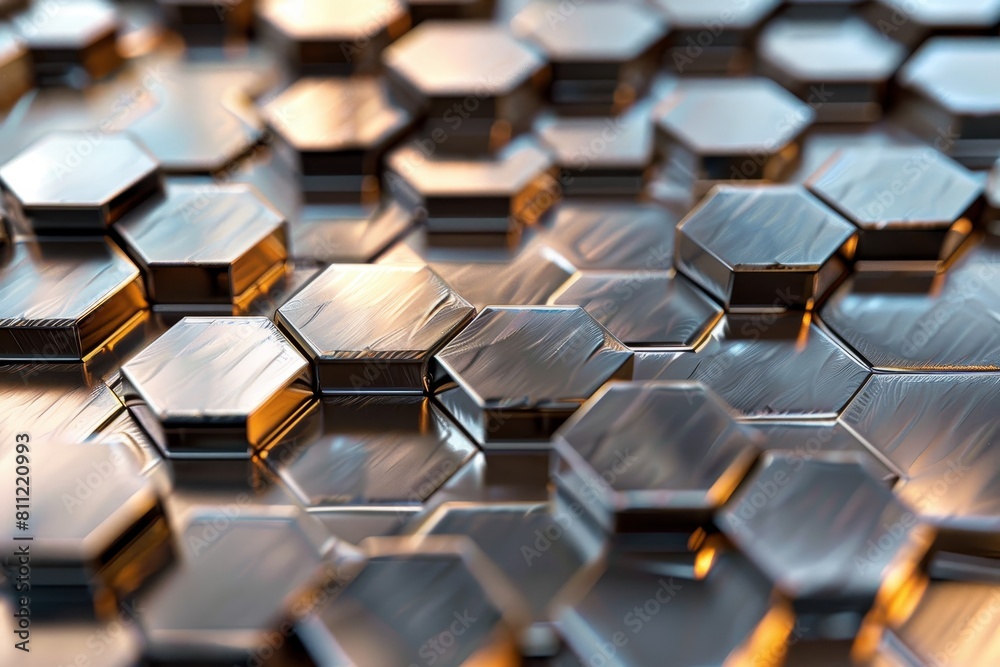 Poster close up view of a grid of metallic hexagons reflecting light at different angles, a grid of metalli