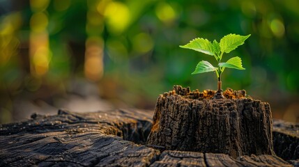 Close-up stock photo of a new tree sprouting from an old stump, vividly capturing the continuation of the life cycle with rich, detailed textures