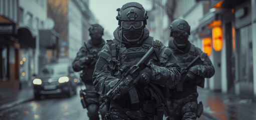 Obraz premium Three heavily armed and armored individuals on city street. Generative AI.