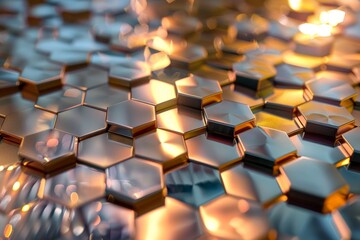 Obraz premium Detailed view of metallic hexagon glass mosaic tile reflecting light in a grid pattern, A grid of metallic hexagons reflecting light at different angles