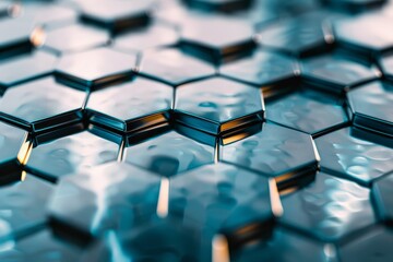 Obraz premium Detailed close up of a single blue hexagonal tile reflecting light, A grid of metallic hexagons reflecting light at different angles